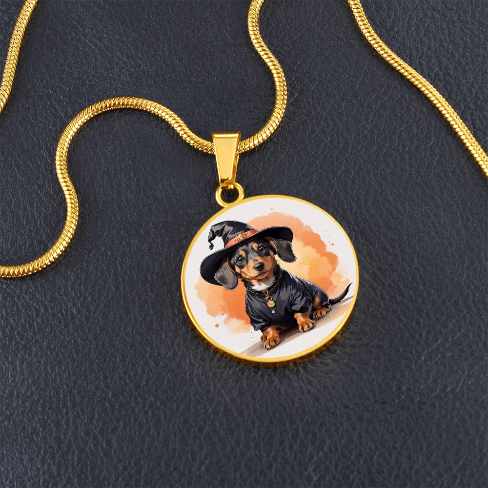 Adorable Halloween Pup: Round Pendant Necklace with Dachshund Wizard Dog Charm