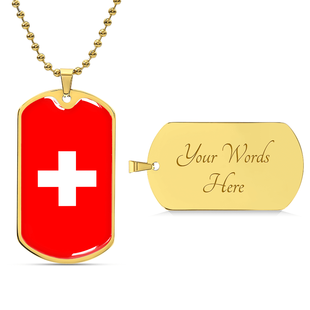 Personalized Switzerland Flag Pendant Necklace Stainless Steel or 18k Gold with Optional Engraving