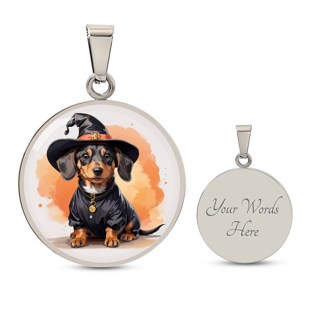 Adorable Halloween Pup: Round Pendant Necklace with Dachshund Wizard Dog Charm