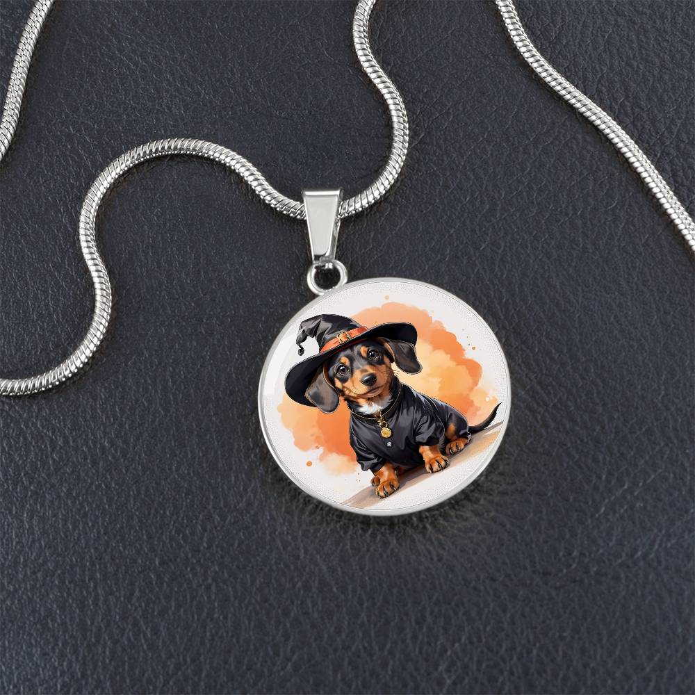 Adorable Halloween Pup: Round Pendant Necklace with Dachshund Wizard Dog Charm
