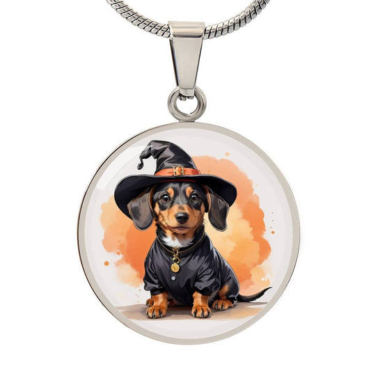 Adorable Halloween Pup: Round Pendant Necklace with Dachshund Wizard Dog Charm