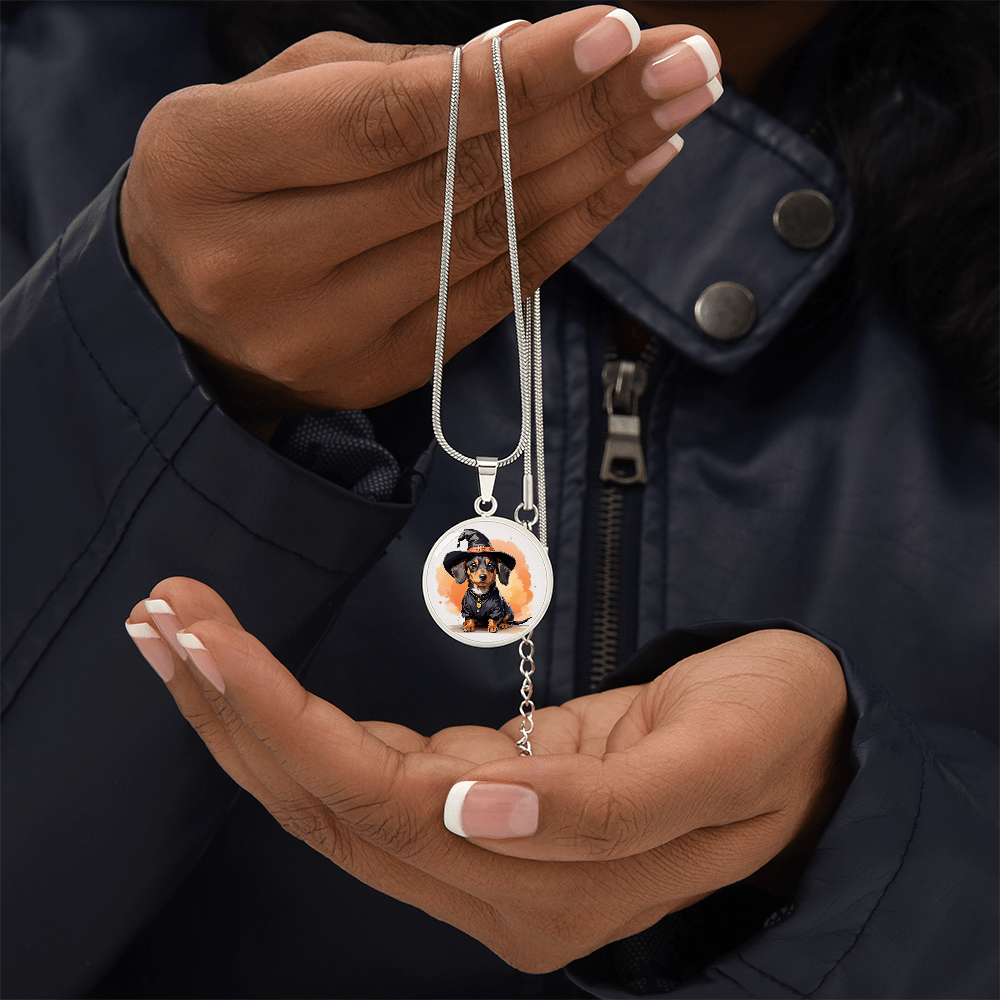 Adorable Halloween Pup: Round Pendant Necklace with Dachshund Wizard Dog Charm
