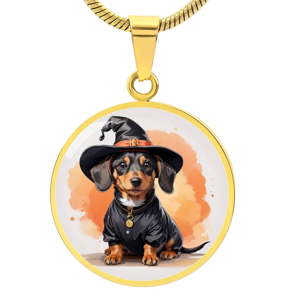 Adorable Halloween Pup: Round Pendant Necklace with Dachshund Wizard Dog Charm