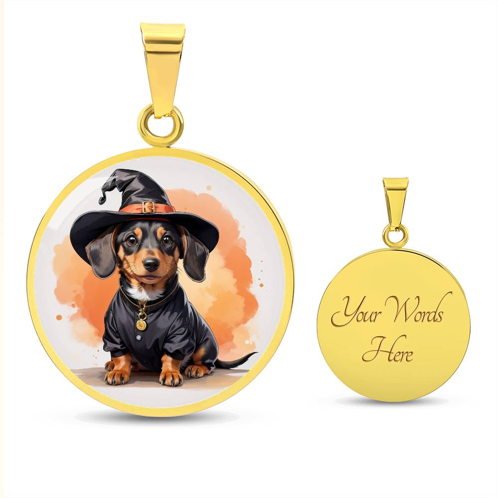 Adorable Halloween Pup: Round Pendant Necklace with Dachshund Wizard Dog Charm