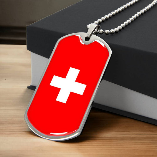 Personalized Switzerland Flag Pendant Necklace Stainless Steel or 18k Gold with Optional Engraving