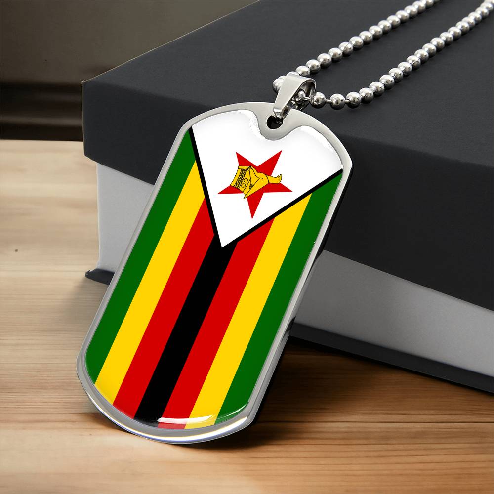 Personalized Zimbabwe Flag Pendant Necklace Stainless Steel or 18k Gold with Optional Engraving