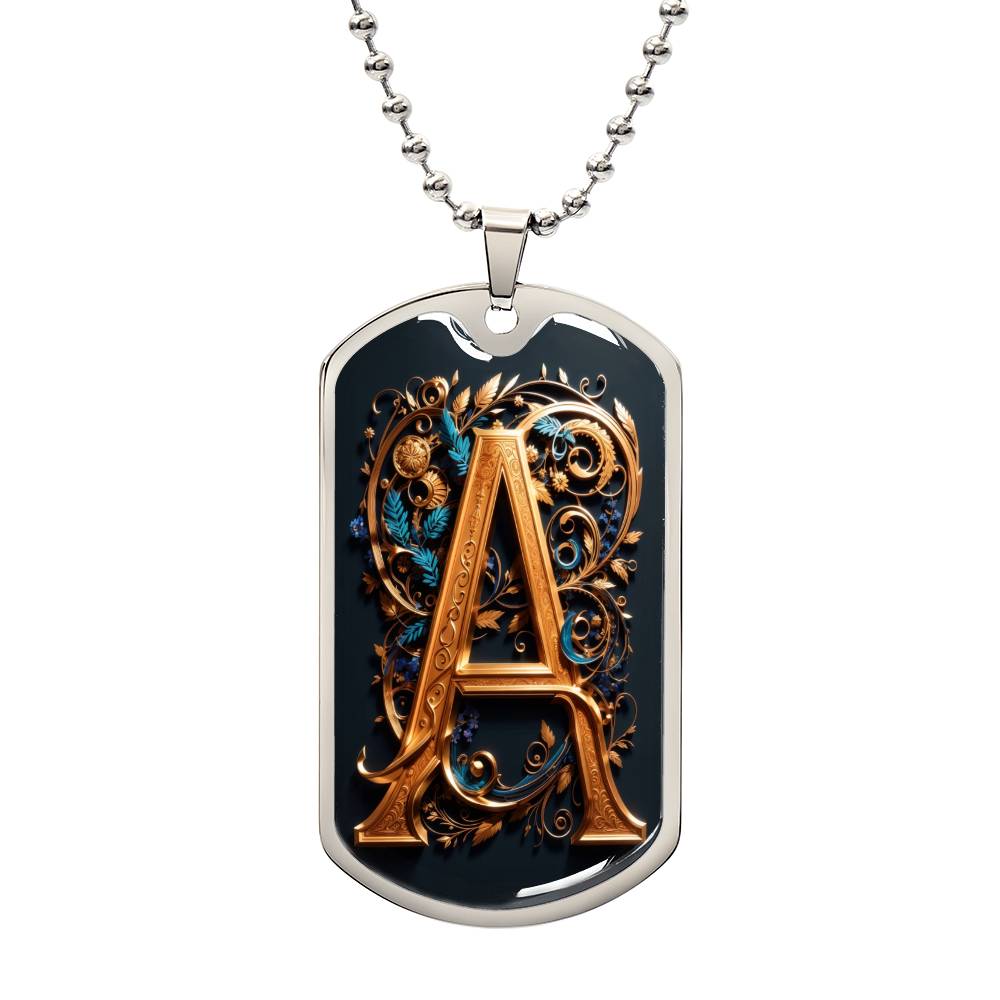 Elegant Dog Tag Necklace with rich and opulent Monogram 'A' Design