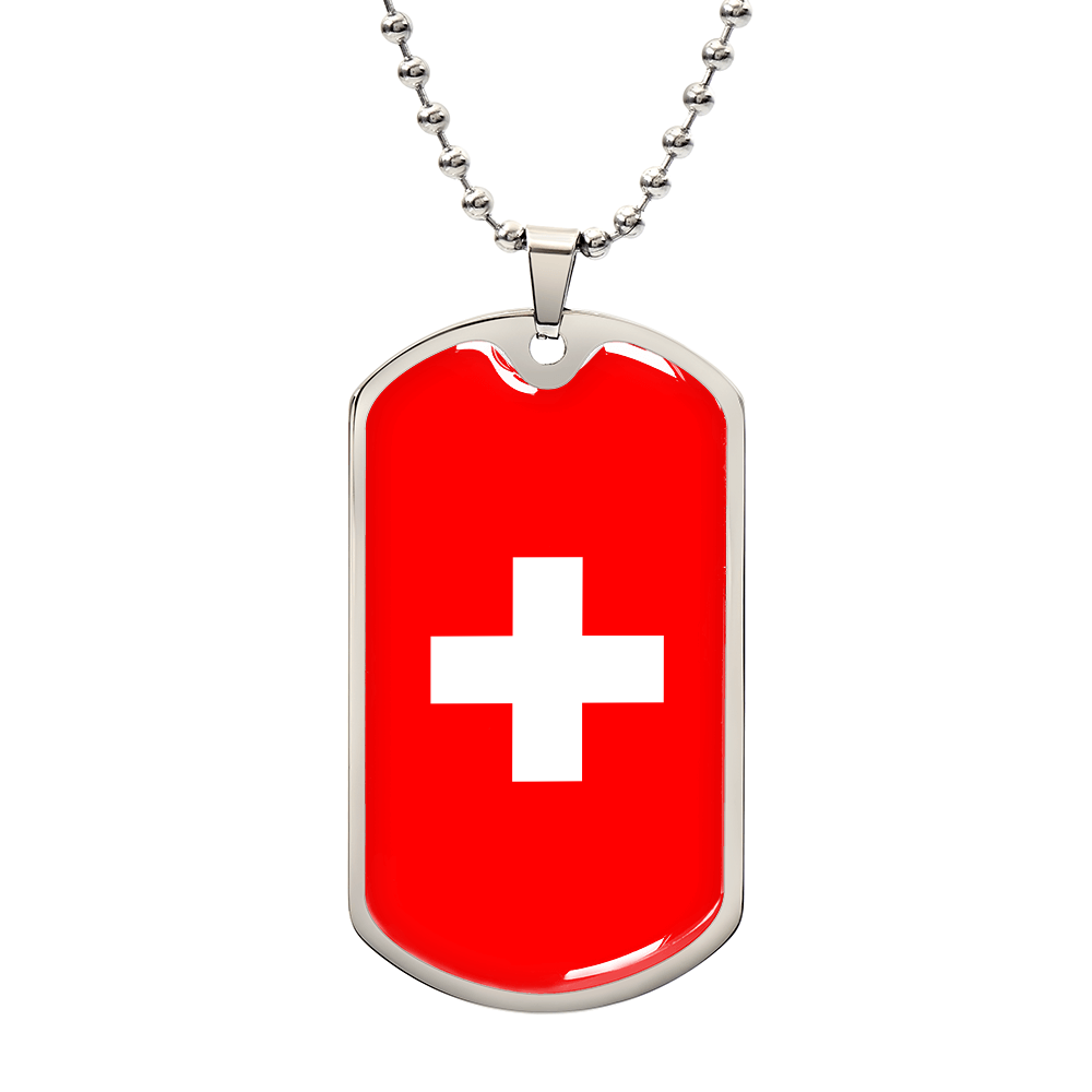 Personalized Switzerland Flag Pendant Necklace Stainless Steel or 18k Gold with Optional Engraving