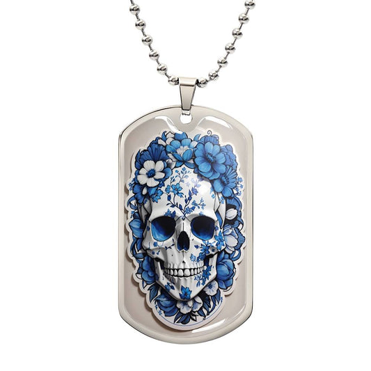 Coastal Cowgirl Chic: Dog Tag Necklace with Elegant Skull and Floral Artistry