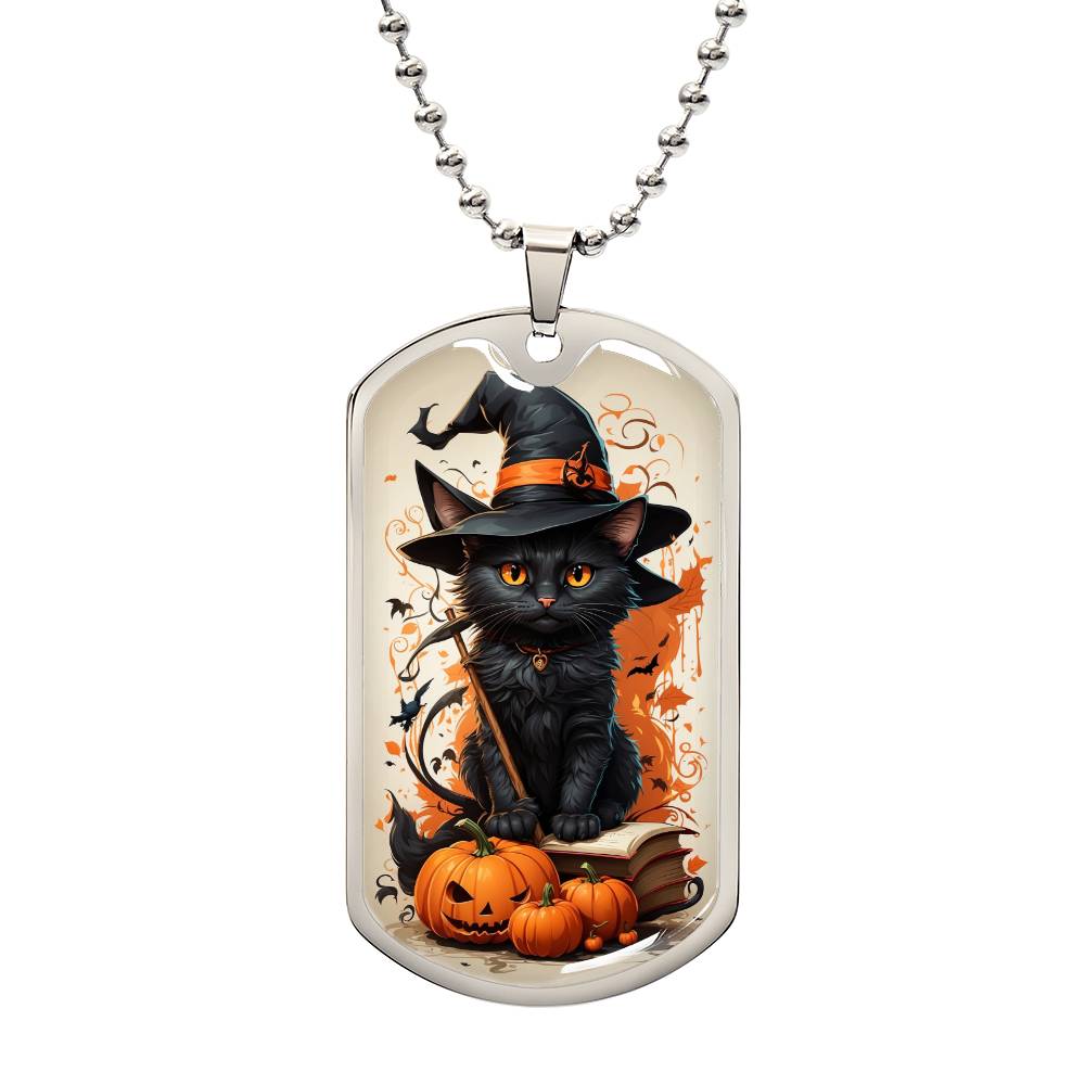 Spooky Elegance: Black Cat in Witches Hat Halloween Tag Necklace