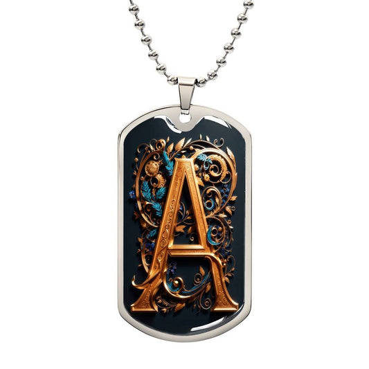 Elegant Dog Tag Necklace with rich and opulent Monogram 'A' Design
