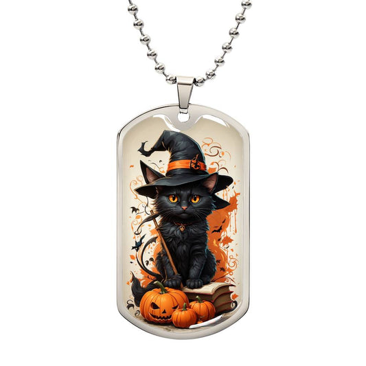 Spooky Elegance: Black Cat in Witches Hat Halloween Dog Tag Necklace