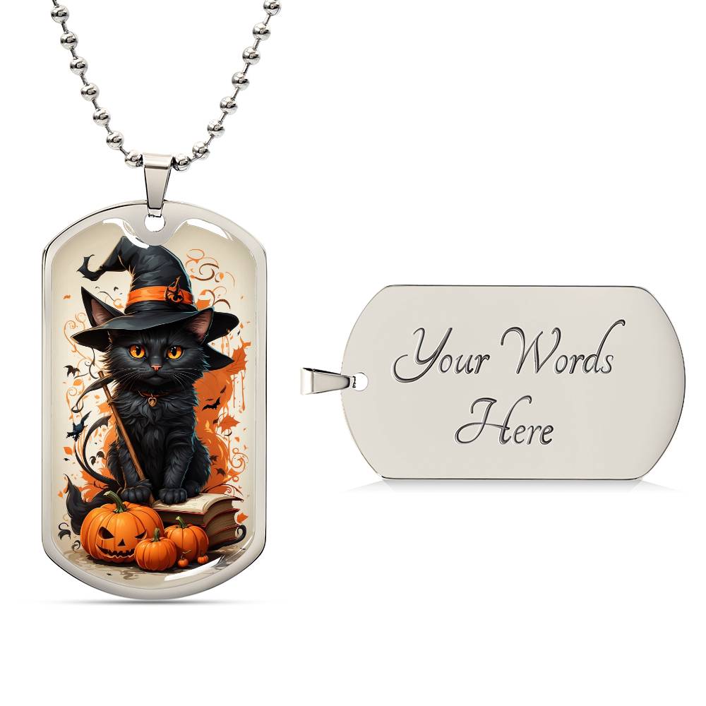 Spooky Elegance: Black Cat in Witches Hat Halloween Tag Necklace