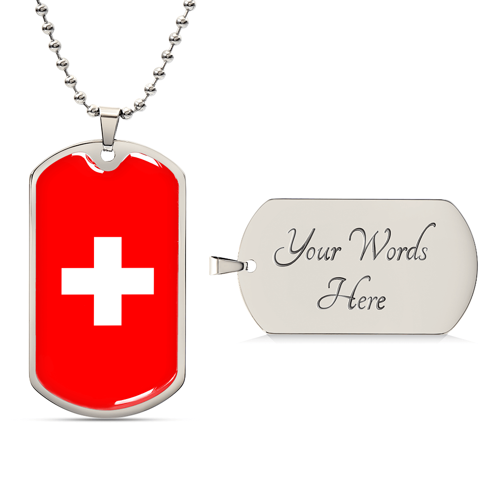 Personalized Switzerland Flag Pendant Necklace Stainless Steel or 18k Gold with Optional Engraving