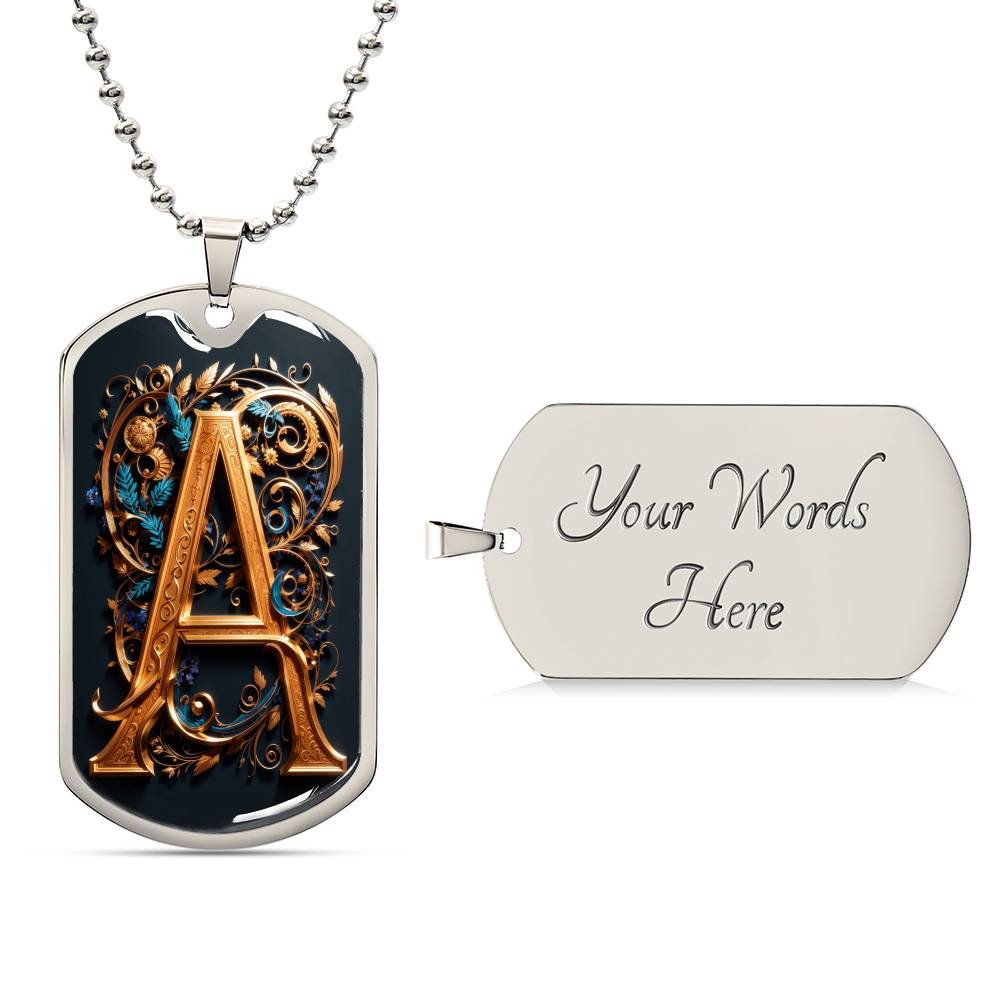 Elegant Dog Tag Necklace with rich and opulent Monogram 'A' Design