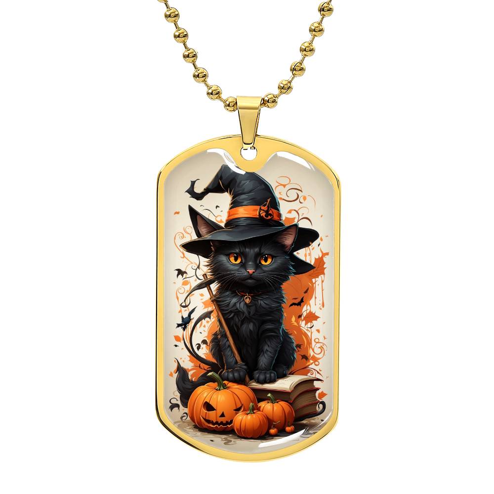 Spooky Elegance: Black Cat in Witches Hat Halloween Tag Necklace