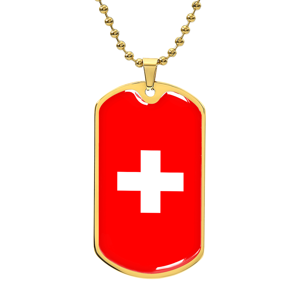 Personalized Switzerland Flag Pendant Necklace Stainless Steel or 18k Gold with Optional Engraving