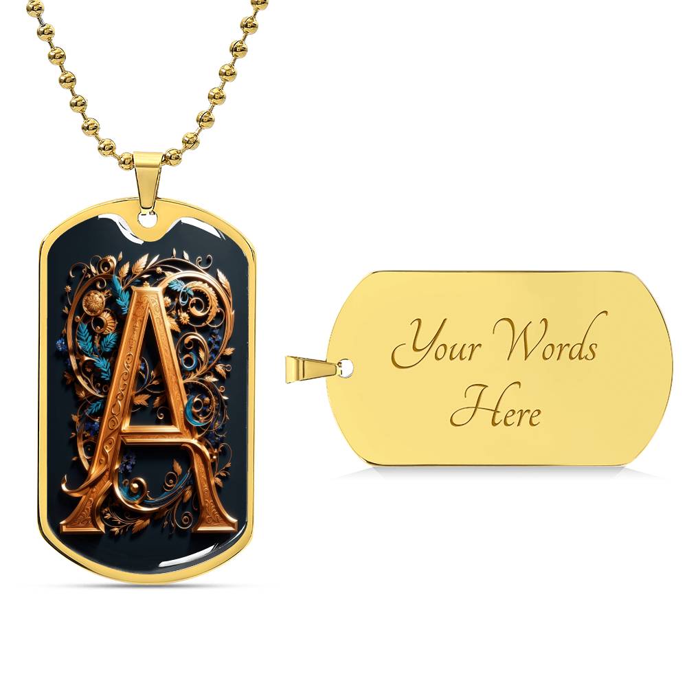 Elegant Dog Tag Necklace with rich and opulent Monogram 'A' Design