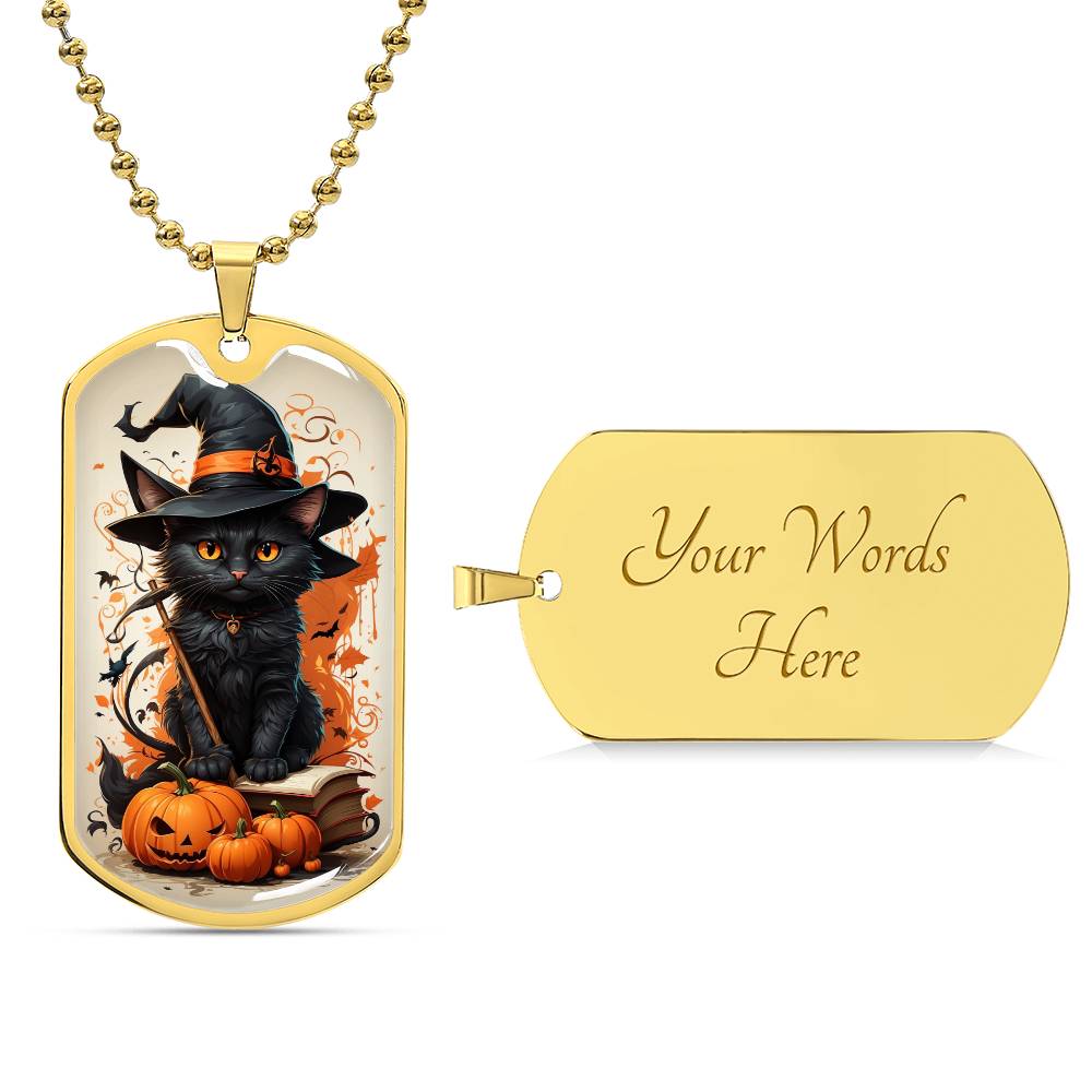 Spooky Elegance: Black Cat in Witches Hat Halloween Tag Necklace