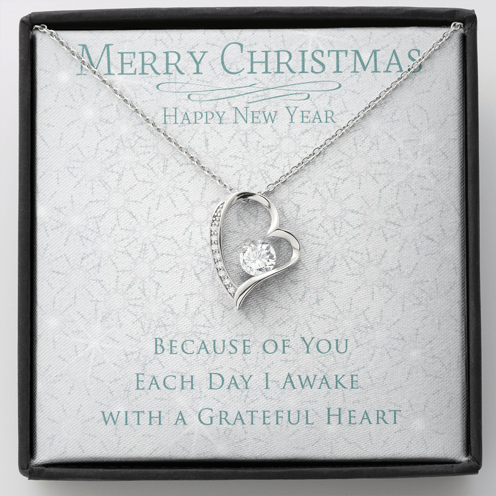 Christmas Necklace 14k White Gold Finish and Cubic Zirconia - Because of You Each Day I Awake with a Greatful Heart -Merry Christmas Happy New Year NECKLACE - Perfect Christmas Gift for Love, Wife, Girlfreind, Partner, Heartfelt Forever Necklace for Her