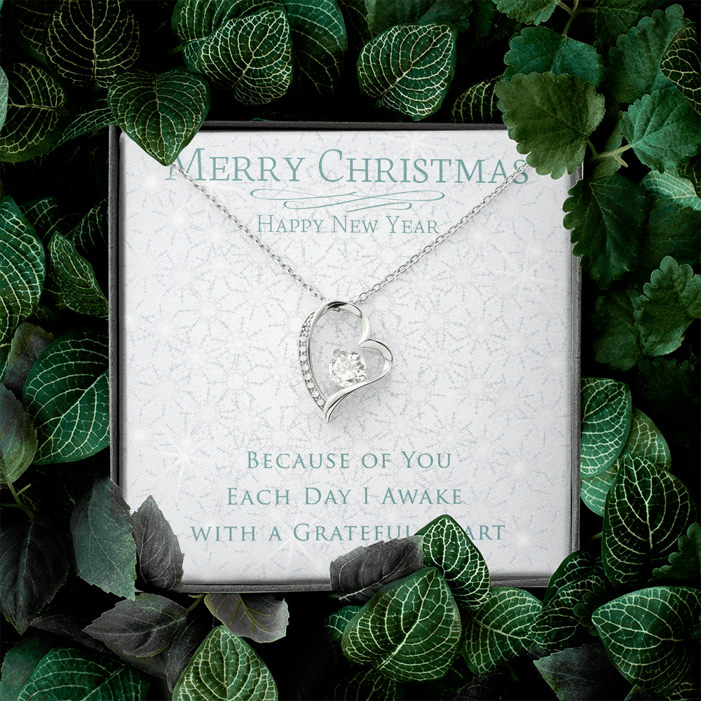 Christmas Necklace 14k White Gold Finish and Cubic Zirconia - Because of You Each Day I Awake with a Greatful Heart -Merry Christmas Happy New Year NECKLACE - Perfect Christmas Gift for Love, Wife, Girlfreind, Partner, Heartfelt Forever Necklace for Her