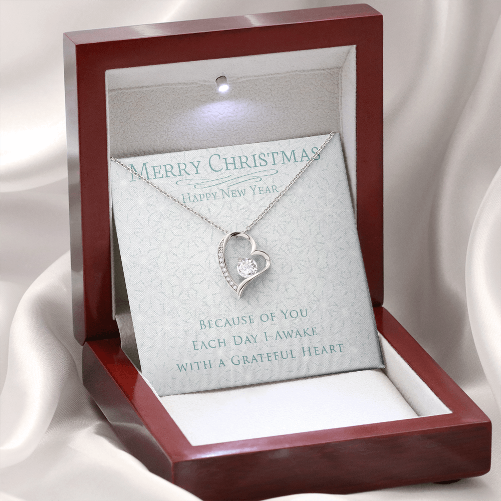 Christmas Necklace 14k White Gold Finish and Cubic Zirconia - Because of You Each Day I Awake with a Greatful Heart -Merry Christmas Happy New Year NECKLACE - Perfect Christmas Gift for Love, Wife, Girlfreind, Partner, Heartfelt Forever Necklace for Her