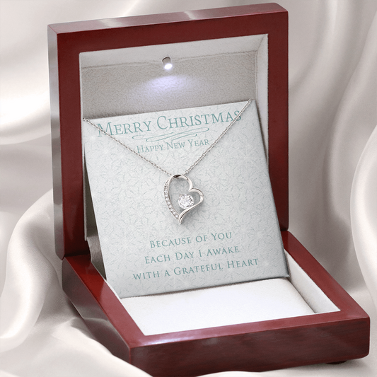 Christmas Necklace 14k White Gold Finish and Cubic Zirconia - Because of You Each Day I Awake with a Greatful Heart -Merry Christmas Happy New Year NECKLACE - Perfect Christmas Gift for Love, Wife, Girlfreind, Partner, Heartfelt Forever Necklace for Her