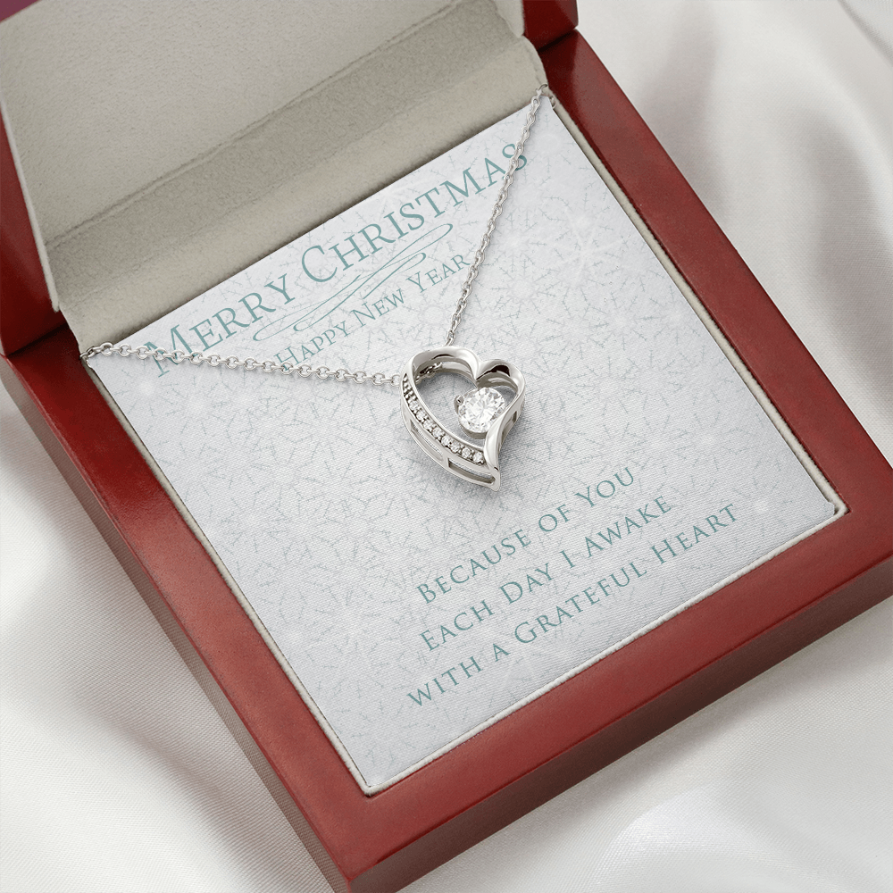 Christmas Necklace 14k White Gold Finish and Cubic Zirconia - Because of You Each Day I Awake with a Greatful Heart -Merry Christmas Happy New Year NECKLACE - Perfect Christmas Gift for Love, Wife, Girlfreind, Partner, Heartfelt Forever Necklace for Her