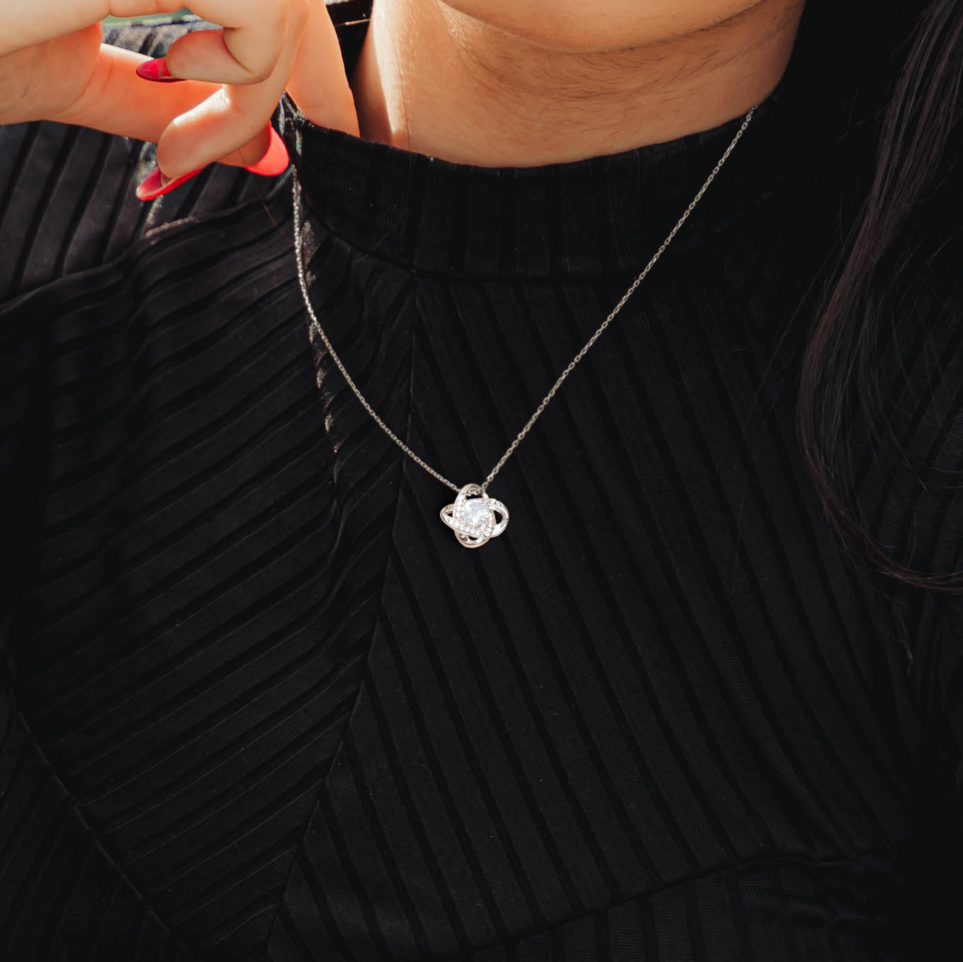 All I Want For Christmas Is You Love Knot White Gold Cubic Zirconia Necklace LED Mahogany finished box