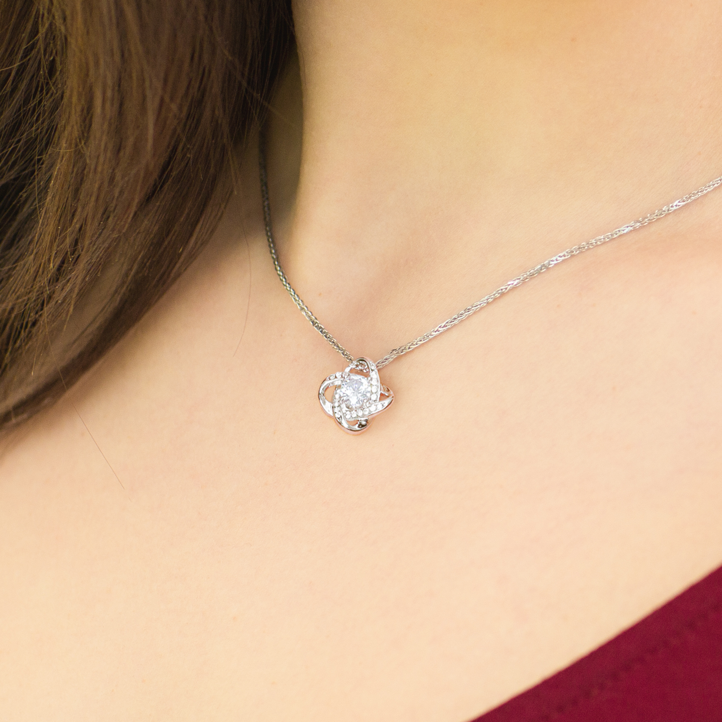 All I Want For Christmas Is You Love Knot White Gold Cubic Zirconia Necklace LED Mahogany finished box